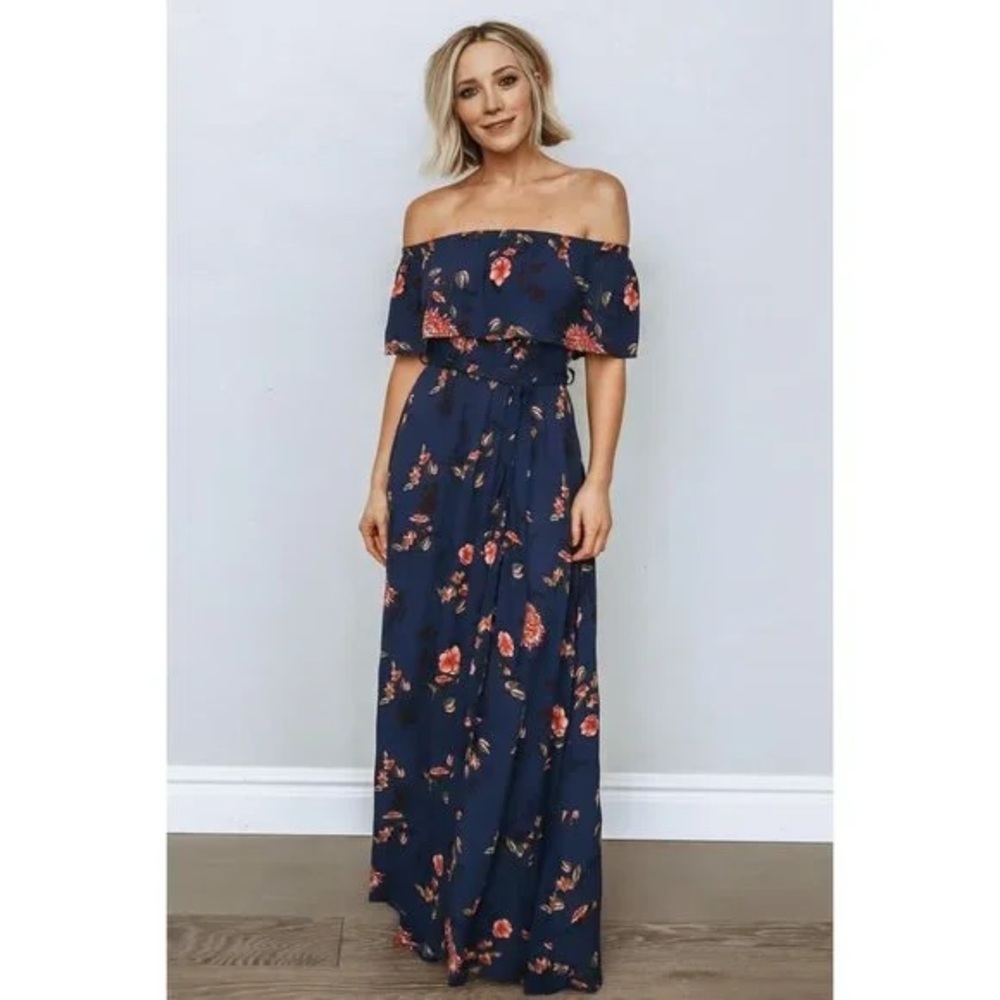 Baltic Born Blue Floral Off Shoulder Ruffle Top Crinkle Maxi Dress SZ XL